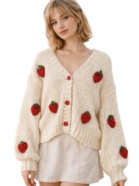 Strawberry Cardigan Cottagecore Chunky Knit Coquette Sweater Oversized